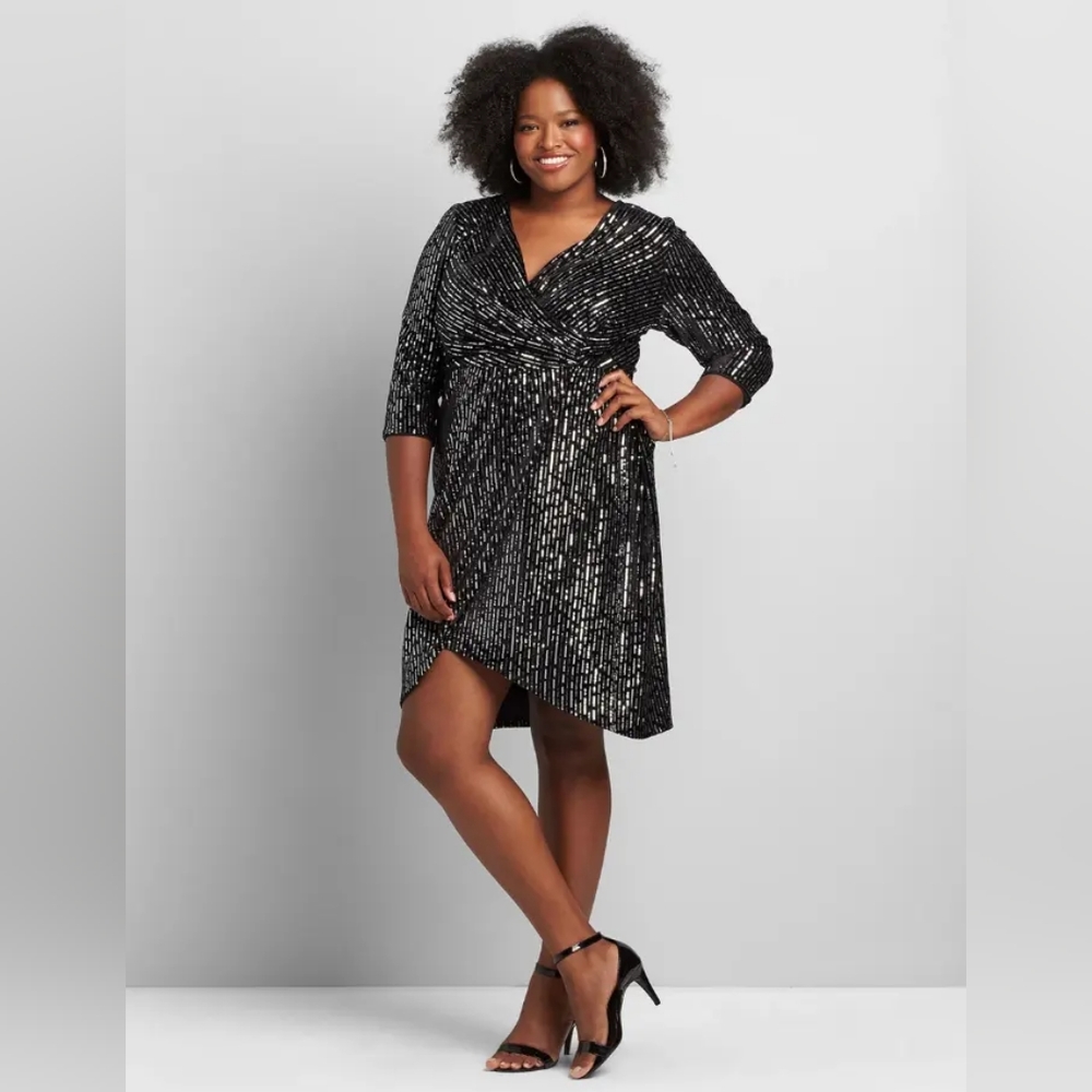 Lane Bryant Black Crossover Velvet Sequin Sheath Dress
